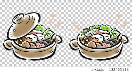 Yosenabe（火鍋）有蓋或無蓋 - 手繪筆觸插圖 132465118