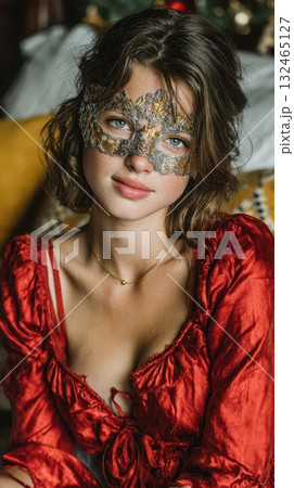 Young woman in a striking red dress with a mask Young woman in a striking red dress with a mask 132465127