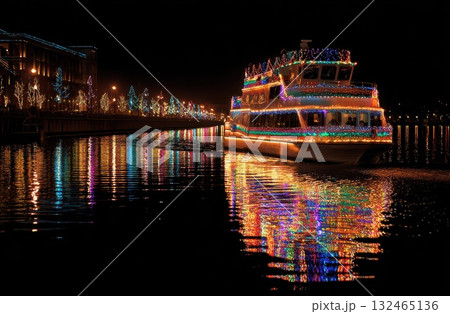 Lit boat gliding on calm water Lit boat gliding on calm water 132465136