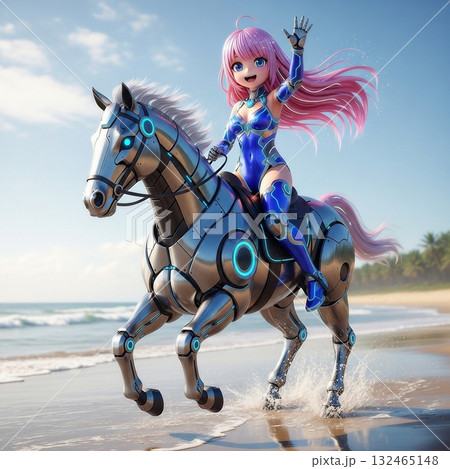砂浜で馬に乗って乗馬をするサイボーグの少女 砂浜で馬に乗って乗馬をするサイボーグの少女 132465148