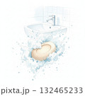 An illustrated image features a bathroom setting with a white ceramic sink and a modern chrome faucet. In the foreground, a bar of soap is depicted surrounded by splashes of soapy water 132465233