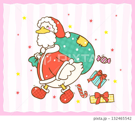 Festive Christmas Silly Goose Santa with Gifts in Santa Sack Cartoon Hand Drawn Greeting Card Printable 132465542