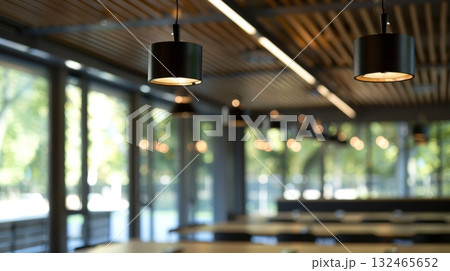 Modern office interior with wooden ceiling and lights hanging down 132465652