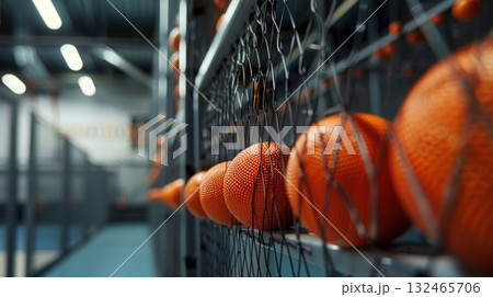 Row of balls is waiting on a metal shelf in a cage in a dodgeball court 132465706