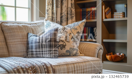 Comfortable sofa with cushions sitting in front of bookshelf 132465739