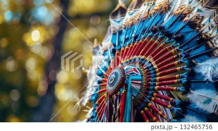 Native american headdress with colorful feathers and beadwork Native american headdress with colorful feathers and beadwork 132465756