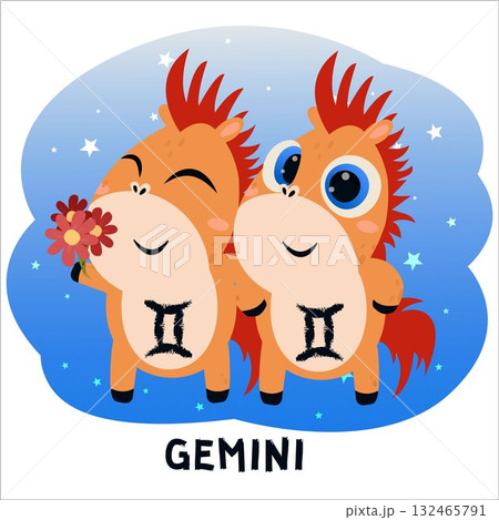 Flat vector illustration of a horse dressed as a zodiac sign. Pony, Aries, Leo, Gemini, Taurus, Scorpio, Aquarius, Pisces, Sagittarius, Libra, Virgo, Capricorn, Cancer, horoscope, zodiac, astrology 132465791