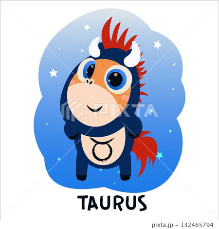 Flat vector illustration of a horse dressed as a zodiac sign. Pony, Aries, Leo, Gemini, Taurus, Scorpio, Aquarius, Pisces, Sagittarius, Libra, Virgo, Capricorn, Cancer, horoscope, zodiac, astrology 132465794