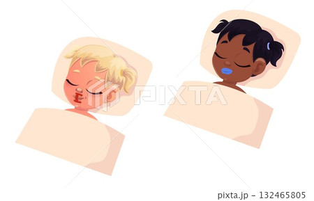 Flat design of kids with tape on mouth in bed 132465805