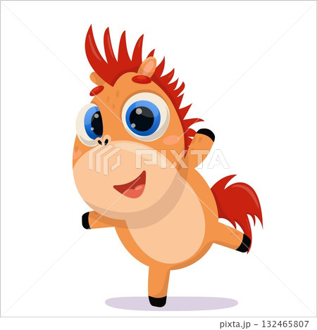 Vector illustration of a cheerful horse. Horse, character, 2026, Horoscope, cute, drinking, pony, childish, funny, Chinese, fun 132465807