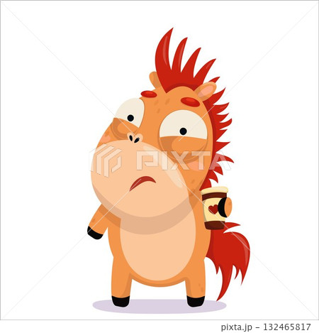 Vector illustration of a stressed horse drinking coffee. Horse, character, 2026, Horoscope, cute, drinking, pony, childish, funny, Chinese, stress 132465817