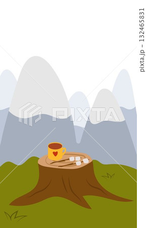 Flat vector illustration of camping outdoors. Mountains, campfire, tent, nature, camper, trees, coffee, backpack, guitar, kettle, boiler, tea, silence, calm, peace, marshmallows on fire 132465831
