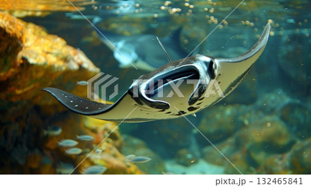 A giant manta ray gliding effortlessly through the water its smooth skin and unique mouth shape visible from a close distance A giant manta ray gliding effortlessly through the water its smooth skin and unique mouth shape visible from a close distance 132465841