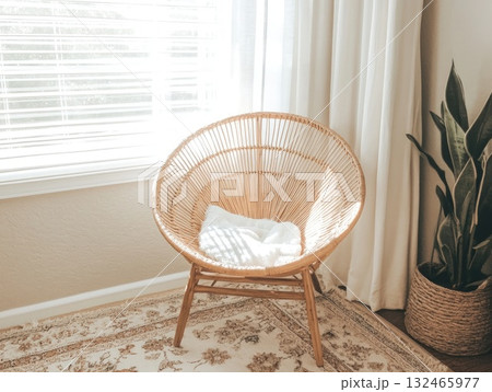 Beige Woven Chair in Sunlit Corner with Plant and Rug 132465977