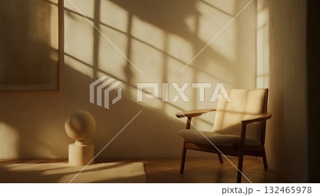 Beige Woven Chair in Sunlit Room with Minimalist Decor Beige Woven Chair in Sunlit Room with Minimalist Decor 132465978