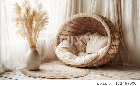 Beige Woven Egg Chair with Cushions and Pampas Grass in Bright Room Beige Woven Egg Chair with Cushions and Pampas Grass in Bright Room 132465986