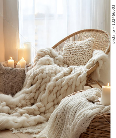 Cozy Knit Throw Blanket and Wicker Chair with Candles 132466003