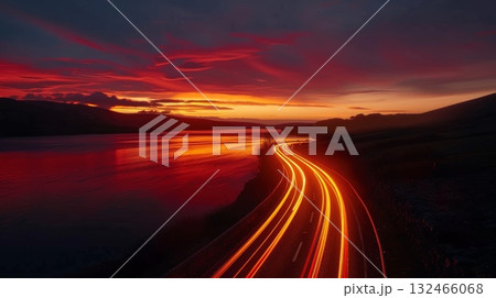 The fiery orange and red hues of a sunset are mirrored in the glowing light trails on the lakeside roads 132466068