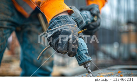 Protective gloves on the worker runs a hand along the sharp edges and joints of a newlydelivered construction drill 132466231