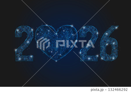Abstract isolated blue image of new year number 2026. Polygonal low poly wireframe illustration looks like stars in the black night sky in space or flying glass shards. Digital web, internet design. Abstract isolated blue image of new year number 2026. Polygonal low poly wireframe illustration looks like stars in the black night sky in space or flying glass shards. Digital web, internet design. 132466292