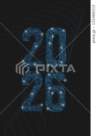 Abstract isolated blue image of new year number 2026. Polygonal low poly wireframe illustration looks like stars in the black night sky in space or flying glass shards. Digital web, internet design. 132466315