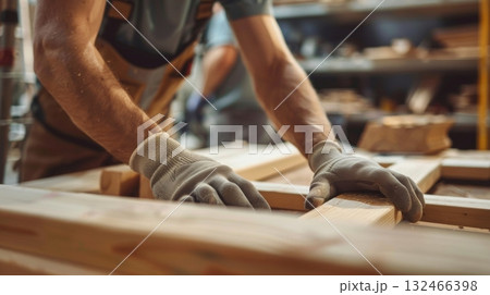 A group of carpenters constructing the wooden frames for storefront displays and shelves inside the shops A group of carpenters constructing the wooden frames for storefront displays and shelves inside the shops 132466398