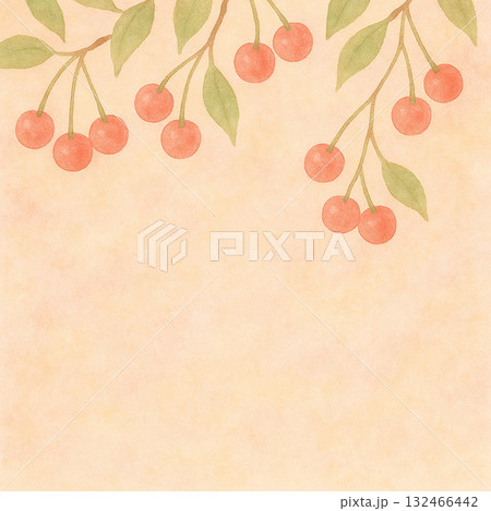 春の果物シリーズ：さくらんぼの枝が垂れるトップ型背景 132466442