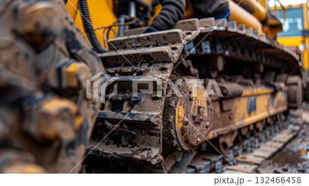 A group of workers disassembling and replacing worn out tracks on a crawler dozer prolonging its lifespan and efficiency on the job A group of workers disassembling and replacing worn out tracks on a crawler dozer prolonging its lifespan and efficiency on the job 132466458