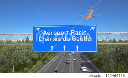Blue motorway sign for Paris Charles de Gaulle Airport with an airliner flying above along the road toward the airport. 3D rendering 132466536