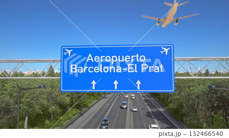 Blue motorway sign for Barcelona El Prat Airport with an airliner flying above along the road toward the airport. 3D rendering Blue motorway sign for Barcelona El Prat Airport with an airliner flying above along the road toward the airport. 3D rendering 132466540