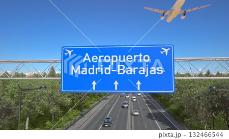 Blue motorway sign for Madrid Barajas Airport with an airliner flying above along the road toward the airport. 3D rendering 132466544