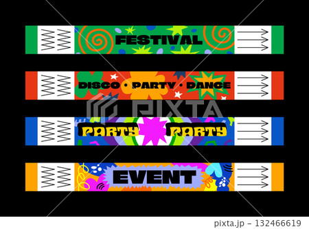 Collection of ticket management, wristbands for events, disco, festival, fan zone, party, staff. Colorful vector flat cartoon mockup of a festival wristband for printing in a futuristic doodle style. 132466619