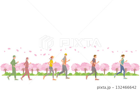 桜並木をジョギング・ウォーキングする人々のイラスト 桜並木をジョギング・ウォーキングする人々のイラスト 132466642