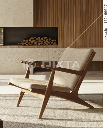 Modern Wooden Armchair in Minimalist Living Room with Fireplace 132466647