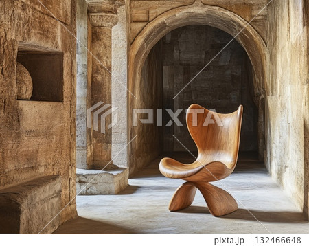 Modern Wooden Chair in Ancient Stone Hallway Modern Wooden Chair in Ancient Stone Hallway 132466648