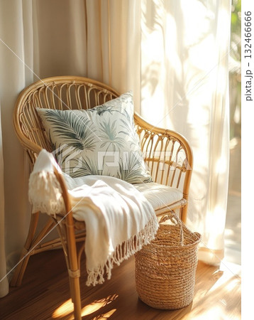 Relaxing Rattan Chair with Tropical Leaf Pillow and Cream Throw 132466666