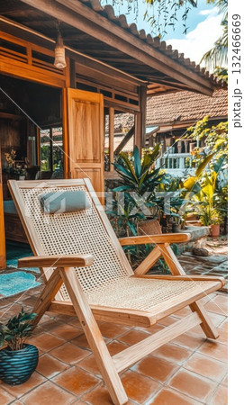 Relaxing Woven Wooden Chair on a Sunny Patio Relaxing Woven Wooden Chair on a Sunny Patio 132466669