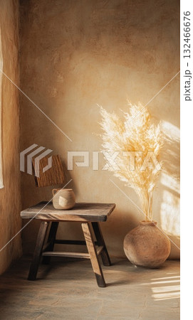 Rustic Room Interior with Wooden Stool, Beige Vase and Pampas Grass in Warm Sunlight Rustic Room Interior with Wooden Stool, Beige Vase and Pampas Grass in Warm Sunlight 132466676