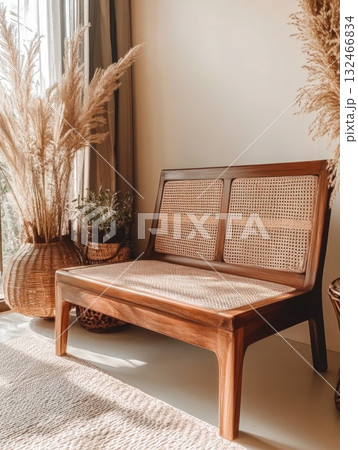 Wooden Rattan Bench in Sunlit Room with Pampas Grass Wooden Rattan Bench in Sunlit Room with Pampas Grass 132466834