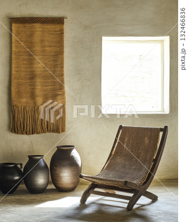 Woven Chair and Earthen Pottery in a Sunlit Minimalist Room 132466836