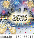 Festive illustration depicting fireworks in blue, red, and yellow bursting over a city skyline at night. 2026 is prominently displayed in the center with a bright burst behind it 132466915
