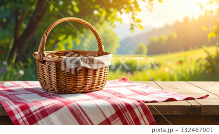 チェック柄のテーブルクロスと、その上に置かれた空のバスケット 132467001