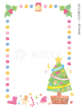 優しい水彩手描きイラストをあしらったクリスマスフレーム-白背景-縦型 132467220