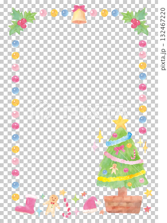優しい水彩手描きイラストをあしらったクリスマスフレーム-白背景-縦型 132467220