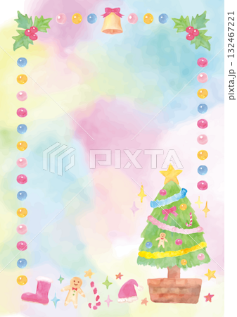 優しい水彩手描きイラストをあしらったクリスマスフレーム-カラフル背景-縦型 132467221