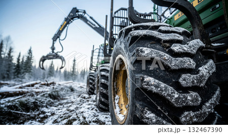 Forwarder tire immersed in mud and snow during log loading in a winter forest environment Forwarder tire immersed in mud and snow during log loading in a winter forest environment 132467390