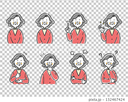 Senior woman illustration set with various facial expressions, upper body, vector 132467424