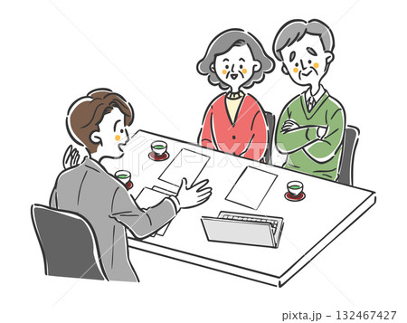 男性スタッフに相談をするシニア夫婦　ベクター 132467427