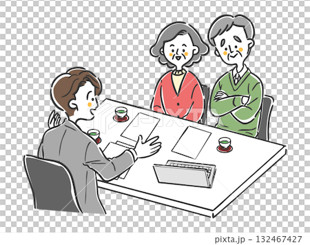 男性スタッフに相談をするシニア夫婦　ベクター 132467427