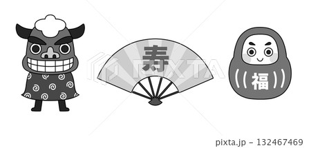モノクロの正月の縁起物イラストセット（獅子舞・扇子・だるま） 132467469